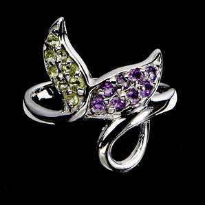 925 Sterling Silver Ring Round Peridot Amethyst Natural Gemstone Jewelry Size 7