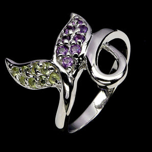 925 Sterling Silver Ring Round Peridot Amethyst Natural Gemstone Jewelry Size 7