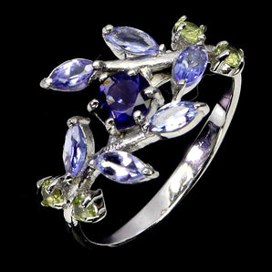 925 Sterling Silver Ring Marquise Tanzanite Iolite Peridot Gemstone Jewelry Sz 8