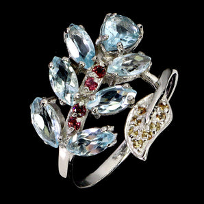 925 Sterling Silver Ring Pear Blue Topaz Rhodolite Sapphire Gemstone Jewelry 7