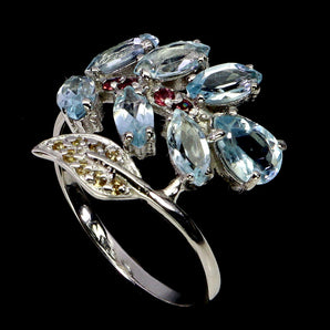 925 Sterling Silver Ring Pear Blue Topaz Rhodolite Sapphire Gemstone Jewelry 7