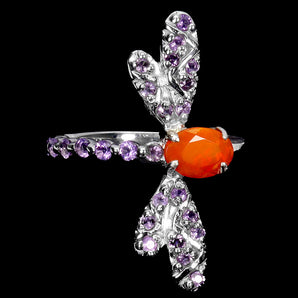 925 Sterling Silver Ring Oval Orange Opal 7x5mm Amethyst Dragonfly Gemstone 7.5