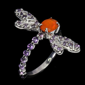 925 Sterling Silver Ring Oval Orange Opal 7x5mm Amethyst Dragonfly Gemstone 7.5