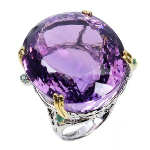 925 Sterling Silver Ring Oval Amethyst 101ct Emerald Handmade Gemstone Size 8