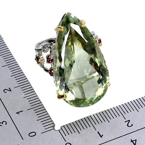 925 Sterling Silver Ring Pear Green Amethyst 28ct Rhodolite Handmade Gemstone 8