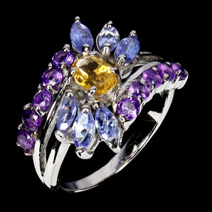 925 Sterling Silver Ring Oval Citrine 6x4mm Tanzanite Gemstone Jewelry Size 7