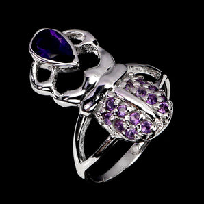 925 Sterling Silver Ring Pear Amethyst 7x5mm Beetle Gemstone Jewelry Size 8