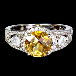925 Sterling Silver Ring Round Citrine 8mm Natural Gemstone Jewelry Size 8