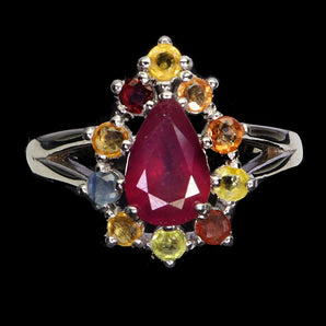 925 Sterling Silver Ring Pear Ruby 9x6mm Sapphire Gemstone Jewelry Size 7.5