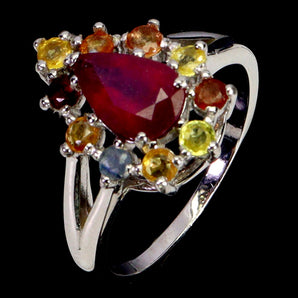 925 Sterling Silver Ring Pear Ruby 9x6mm Sapphire Gemstone Jewelry Size 7.5