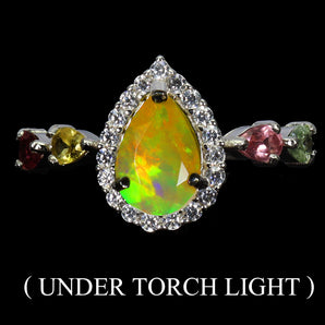 925 Sterling Silver Ring Pear Fire Opal 9x6mm Tourmaline Gemstone Jewelry Size 9