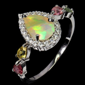925 Sterling Silver Ring Pear Fire Opal 9x6mm Tourmaline Gemstone Jewelry Size 9