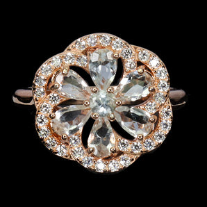 925 Sterling Silver Ring Pear Aquamarine 5x3mm Flower Gemstone Jewelry Size 6