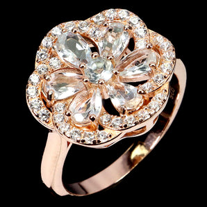 925 Sterling Silver Ring Pear Aquamarine 5x3mm Flower Gemstone Jewelry Size 6