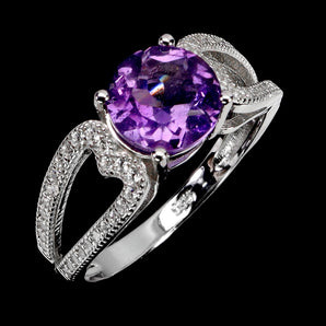 925 Sterling Silver Ring Round Amethyst 8mm Natural Gemstone Jewelry Size 8