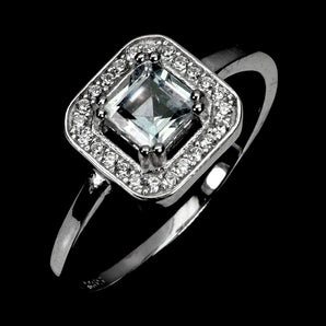 925 Sterling Silver Ring Square Aquamarine 5mm Natural Gemstone Jewelry Size 9
