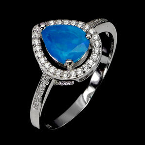 925 Sterling Silver Ring Pear Blue Opal 8x6mm Natural Gemstone Jewelry Size 7