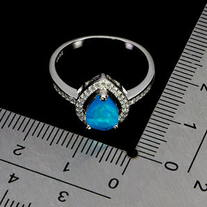 925 Sterling Silver Ring Pear Blue Opal 8x6mm Natural Gemstone Jewelry Size 7