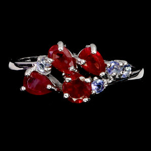 925 Sterling Silver Ring Pear Ruby 5x3mm Tanzanite Gemstone Jewelry Size 8