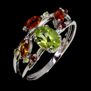 925 Sterling Silver Ring Oval Peridot 7x5mm Rhodolite Garnet Gemstone Jewelry 7
