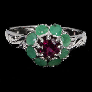 925 Sterling Silver Ring Round Rhodolite Garnet 5mm Emerald Gemstone Jewelry 7.5