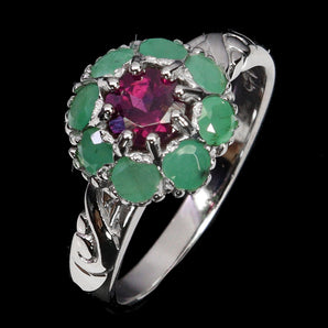 925 Sterling Silver Ring Round Rhodolite Garnet 5mm Emerald Gemstone Jewelry 7.5