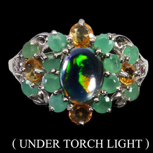 925 Sterling Silver Ring Oval Black Opal 8x6mm Emerald Gemstone Jewelry Size 8