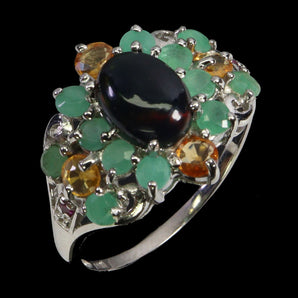 925 Sterling Silver Ring Oval Black Opal 8x6mm Emerald Gemstone Jewelry Size 8