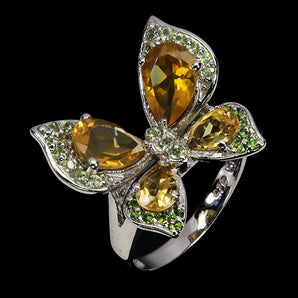 925 Sterling Silver Ring Pear Citrine Peridot Butterfly Gemstone Jewelry Size 7
