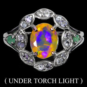 925 Sterling Silver Ring Oval Fire Opal 9x7mm Emerald Gemstone Jewelry Size 8