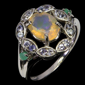 925 Sterling Silver Ring Oval Fire Opal 9x7mm Emerald Gemstone Jewelry Size 8
