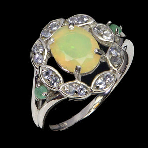 925 Sterling Silver Ring Oval Fire Opal 9x7mm Emerald Gemstone Jewelry Size 8