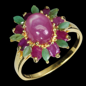 925 Sterling Silver Ring Oval Ruby 9x7mm Emerald Natural Gemstone Jewelry Size 9