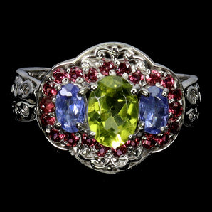 925 Sterling Silver Ring Oval Peridot Rhodolite Tanzanite Gemstone Jewelry Sz 7