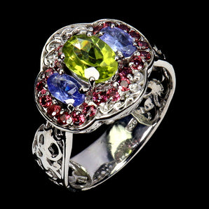 925 Sterling Silver Ring Oval Peridot Rhodolite Tanzanite Gemstone Jewelry Sz 7