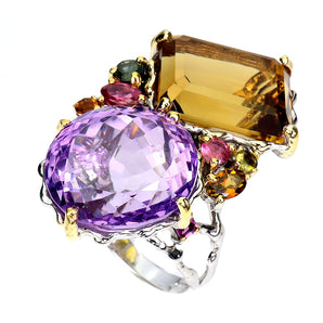 925 Sterling Silver Ring Octagon Citrine 40ct Amethyst Handmade Gemstone Size 8
