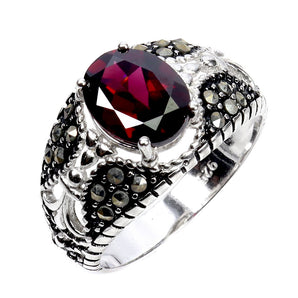 925 Sterling Silver Ring Oval Rhodolite 10x8mm Marcasite Gemstone Jewelry Sz 8.5