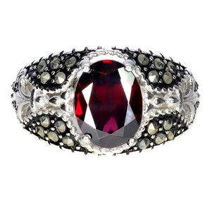 925 Sterling Silver Ring Oval Rhodolite 10x8mm Marcasite Gemstone Jewelry Sz 8.5