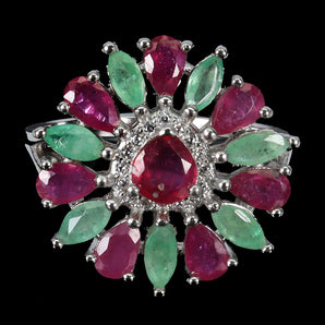 925 Sterling Silver Ring Pear Ruby 5x3mm Emerald Gemstone Jewelry Size 8