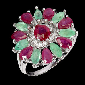 925 Sterling Silver Ring Pear Ruby 5x3mm Emerald Gemstone Jewelry Size 8