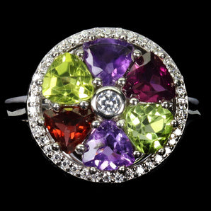 925 Sterling Silver Ring Trilliant Amethyst 5mm Peridot Gemstone Jewelry Size 8