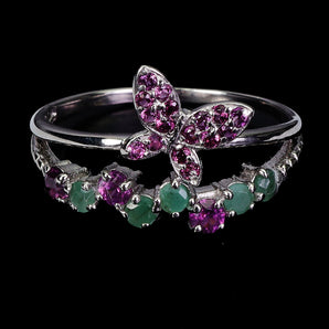 925 Sterling Silver Ring Round Emerald Rhodolite Garnet Gemstone Jewelry Sz 7.5
