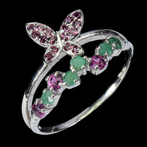 925 Sterling Silver Ring Round Emerald Rhodolite Garnet Gemstone Jewelry Sz 7.5