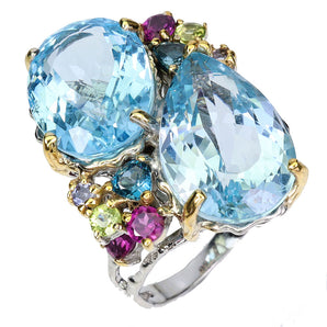 925 Sterling Silver Ring Oval Sky Blue Topaz 36ct Peridot Handmade Gemstone Sz 8