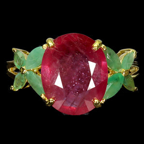 925 Sterling Silver Ring Oval Ruby 12x10mm Emerald Gemstone Jewelry Size 9