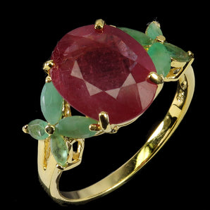 925 Sterling Silver Ring Oval Ruby 12x10mm Emerald Gemstone Jewelry Size 9