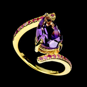 925 Sterling Silver Ring Pear Amethyst 12x8mm Ruby Gemstone Jewelry Size 8