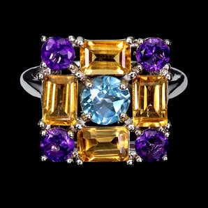 925 Sterling Silver Ring Octagon Citrine 6x4mm Amethyst Topaz Gemstone Size 7.5