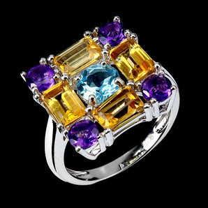 925 Sterling Silver Ring Octagon Citrine 6x4mm Amethyst Topaz Gemstone Size 7.5
