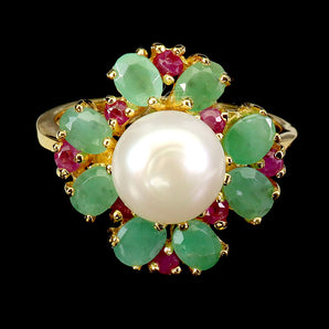 925 Sterling Silver Ring Pear Emerald 4x3mm Ruby Pearl Gemstone Jewelry Size 7